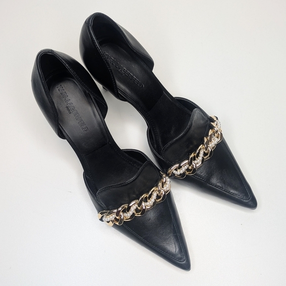 Karl Lagerfeld Paris Shivani Point Toe Embellished Pumps Black Leather Size 9 - Picture 2 of 10